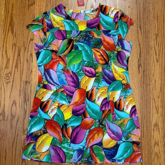 Colorful Green Purple Yellow  Flower Crew Neck Short Sleeve Pull Over Dress - Picture 13 of 14